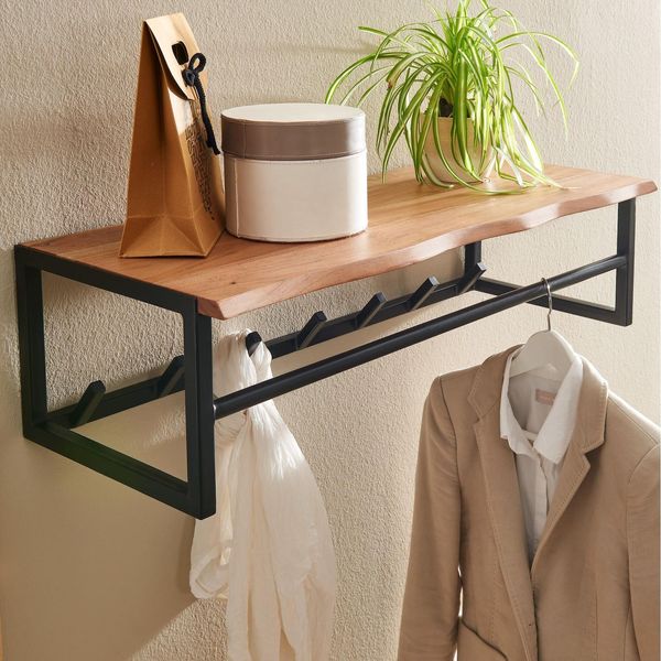Kadima Design Rustikale Wandgarderobe, Akazienholz & Metall, NatüRliche Baumkante-image