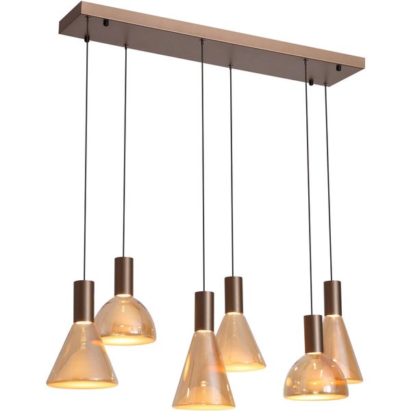 Searchlight Led Pendelleuchte "Cannes Led 6Lt Pendelleuchte, Latte-Metall Und Bernsteinglas", Energieeffizienz: G (A-G), Latte, H: 40Cm, 1 Stk., Leuchten, Led Pendelleuchte-image