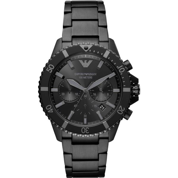 Die Emporio Armani Herrenuhr Ist Das Perfekte Geschenk, Um Sich Selbst Oder Einen Geliebten Menschen Zu VerwöHnen. Das Runde GehäUse Aus Edelstahl Wird Von Einem Hochwertigen Quarzwerk Im Chronographenstil Angetrieben. Diese Taucheruhr Hat Einen Durchmesser Von 43 Mm Mm. Das Armband, Edelstahl Schwarz, Mit Einer FaltschließE Mit DrüCkerverschluss Macht Sie Zu Einer Angenehm Zu Tragenden Uhr. Bei 1-image