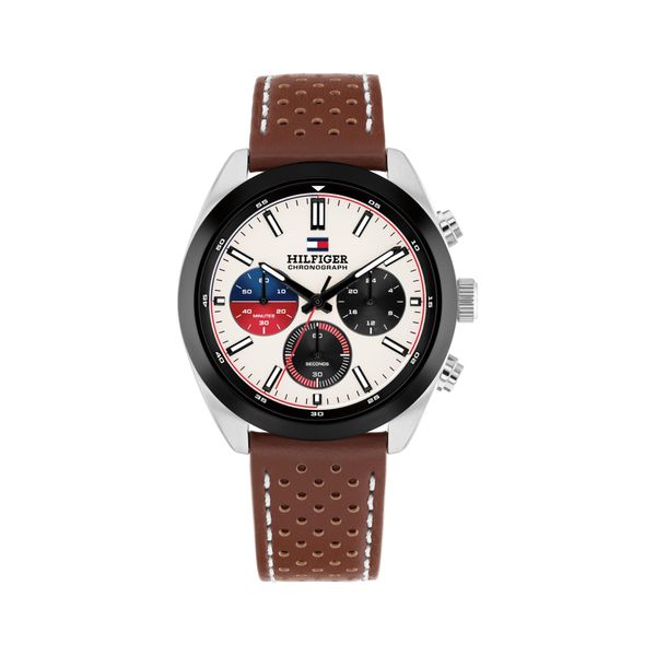 Chronograph Tommy Hilfiger "Hudson", Braun, Creme, Armbanduhren, Herren, Chronograph, Quarzuhr, Armbanduhr, Herrenuhr, Lederarmband, Analog, Stoppfunktion-image