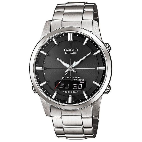 Funkchronograph Casio Funk, Schwarz (Silberfarben, Schwarz), Armbanduhren, Herren, Solaruhr, Armbanduhr, Herrenuhr, Funkuhr, Edelstahlarmband, Saphirglas-image