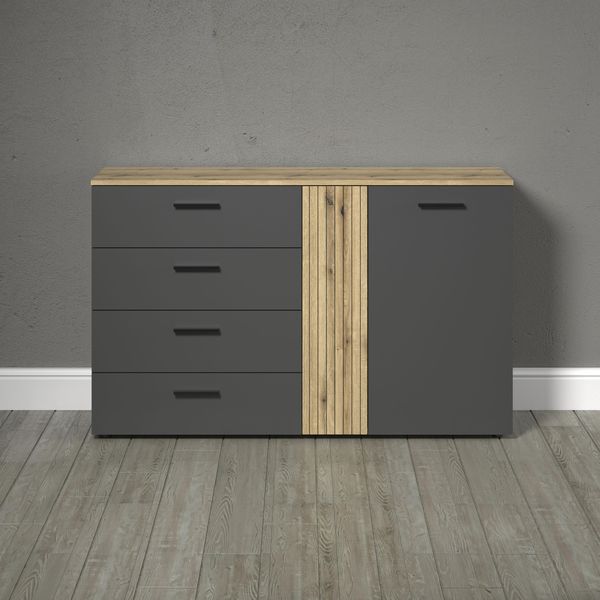 Kommode Home Affaire "Estepona", Anthrazit, Eiche, B:139,4Cm H:86Cm T:38Cm, Holzwerkstoff, Sideboards, Kommode, Sideboard Mit Voll Ausziehbaren Schubladen - (B/T/H) 139/38/86 Cm-image