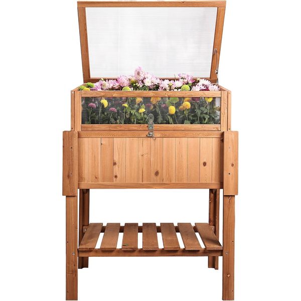 Needs&Wants® GroßEs Hochbeet Mit FrüHbeet-Aufsatz Abdeckung Aus Holz FüR Garten Balkon, Pflanzbeet Mit GewäChshaus FrüHbeetkasten Mit Deckel Dach Haube Ablage Pflanzkasten, 90 X 57 X 112,5 Cm, Braun-image
