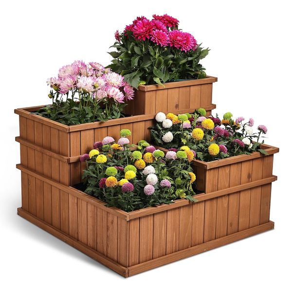 Needs&Wants® Multi Hochbeet Mit 4 PflanzkäSten Quadratisch Aus Holz FüR Garten Balkon Terrasse, 4Er Pflanzbeet Blumenbeet Niedrig Mit Folie, 81 X 81 X 61 Cm, Braun-image