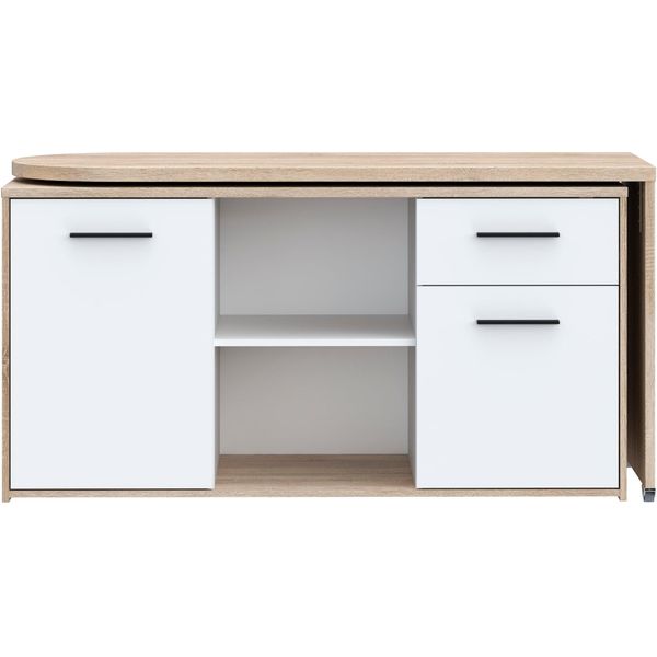 Schreibtisch Forte "Aliklia", Weiß (Sonoma Eiche, Weiß, Sonoma Eiche), B:144Cm H:74,1Cm T:50Cm, Tische, Schreibtisch, Multifunktional, Tischplatte Ausschwenkbar, Mit Rollen, Sideboard-image