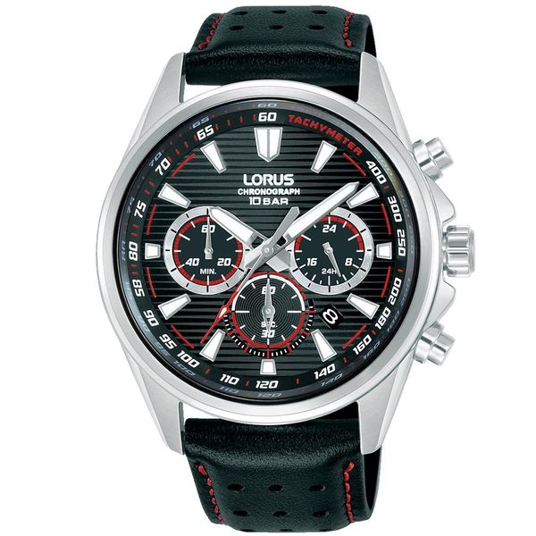 Chronograph Lorus "Sports Chronograph", Schwarz, Rot, Armbanduhren, Herren, Chronograph, Quarzuhr, Armbanduhr, Herrenuhr, Lederarmband, Analog, Tag-image