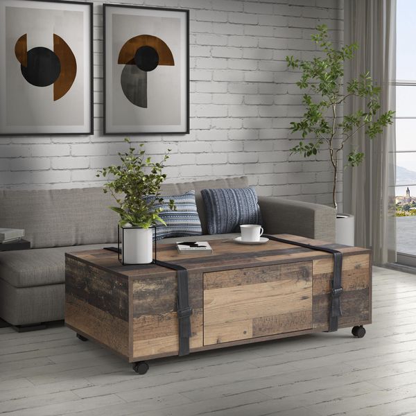 Couchtisch Forte "Couchtisch Fobya", Beige (Old Wood Vintage, Old Wood Vintage, Old Wood Vintage), B:110Cm H:35,7Cm T:60Cm, Tische, Couchtisch, Auf Rollen, Breite Ca. 110 Cm-image