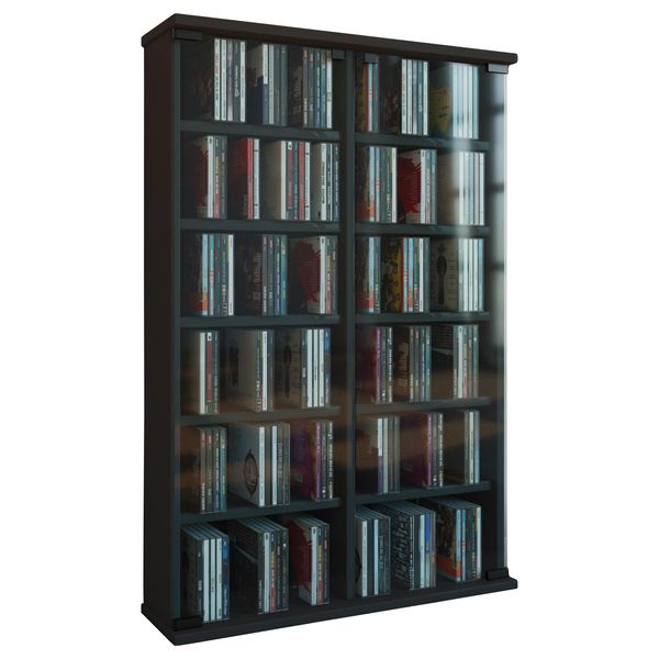 Media-Regal Vcm "Holz CD DVD Stand Regal Schrank Roma GlastüR", Schwarz, B:60Cm T:18Cm, Regale-image
