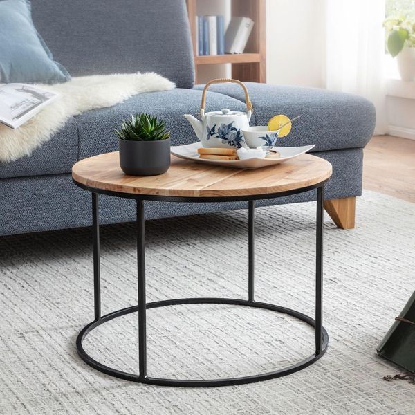 Finebuy Couchtisch Akazie Massivholz Rund 60Cm Wohnzimmertisch Handgefertigt-image