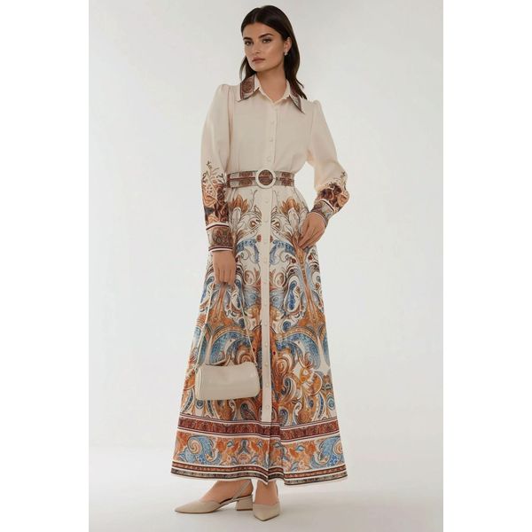 Bedrucktes Maxi-Kleid Mit Langem Arm Und GüRtel-image