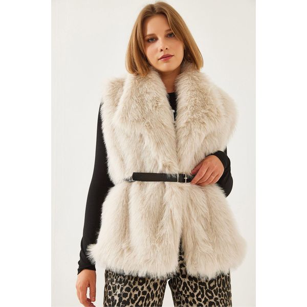 Faux-Fur-Schalkragen-GüRtelloser äRmelloser Weste-image