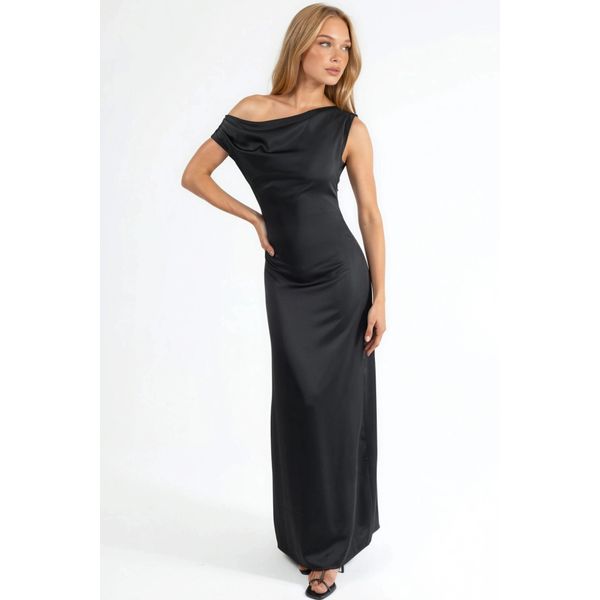 Asymmetrisches Kragen Bodycon Satin Maxi Kleid-image