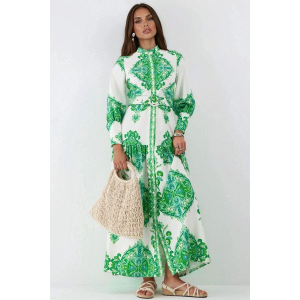 Maxikleid Mit Paisleymuster Und GüRtel Sowie Hemdkragen-image