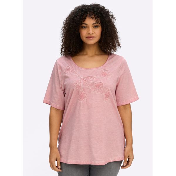 T-Shirt Sheego "Halbarmshirt", Damen, Gr. 40/42, Rosenquarz, 100% Baumwolle, GeblüMt, Gemustert, Unifarben, Rundhals, Shirts T-Shirt-image