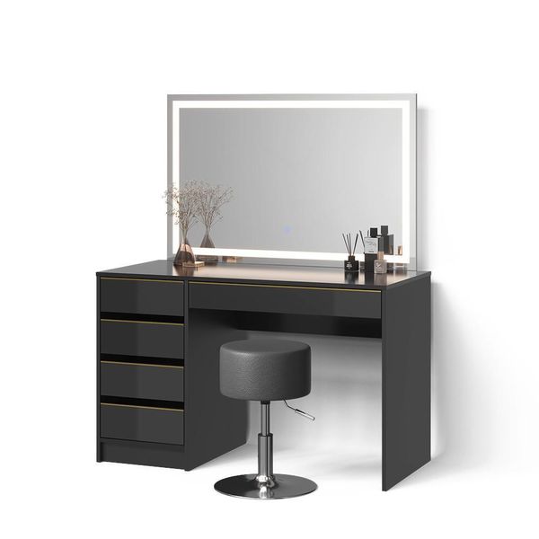 Schminktisch Imola Schwarz/Gold Mit Led-Spiegel Und Hocker-image