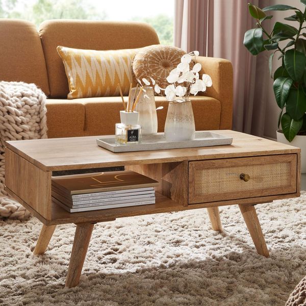 Couchtisch Finebuy Sofatisch 90 Cm Massivholz Rattan Wohnzimmertisch Schublade-image