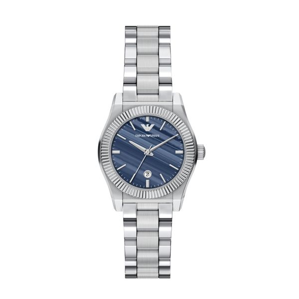 Quarzuhr Emporio Armani, Edelstahlfarben, Dunkelblau, Armbanduhren, Damen, Quarzuhr, Armbanduhr, Damenuhr, Edelstahlarmband, Analog, Tag, Achat-image