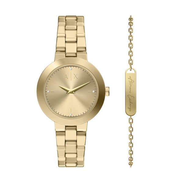 Quarzuhr Armani Exchange, Gelbgoldfarben, Goldfarben, Armbanduhren, Damen, Quarzuhr, Armbanduhr, Damenuhr, Edelstahlarmband, Analog, Glassteine-image