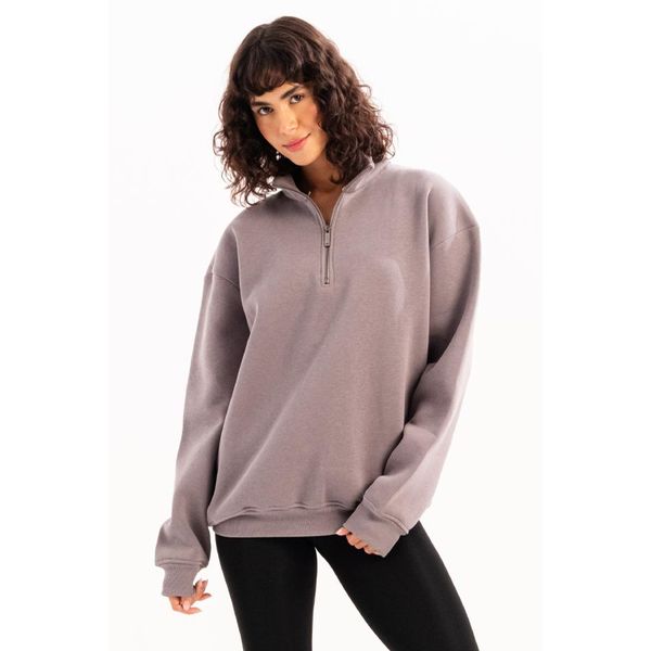 Justever Oversize Fit Stehkragen HalbreißVerschluss Graues Damen-Sweatshirt - Cass-image