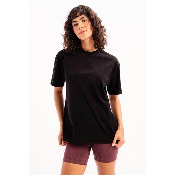 Justever Damen-T-Shirt Aus 100 % Baumwolle, Oversize-Passform, Rundhalsausschnitt, Schwarz – Halo-image