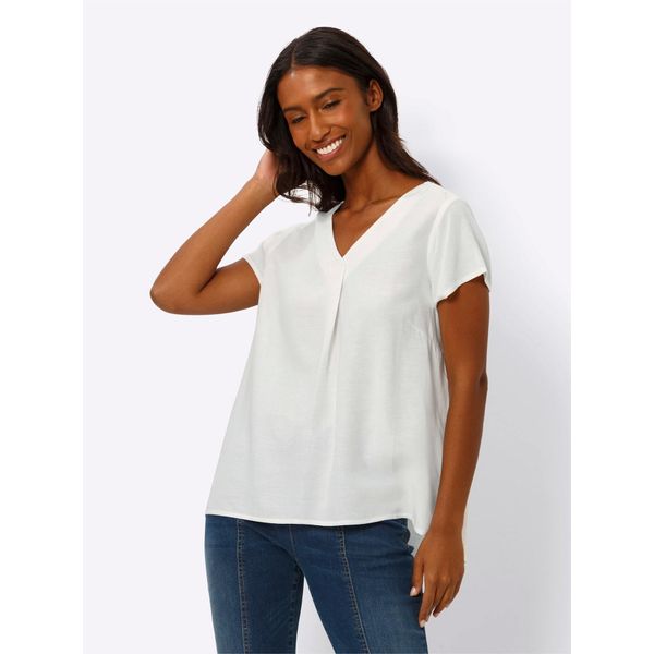 Kurzarmbluse Heine, Damen, Gr. 48, Beige (Ecru), 55% Leinen, 45% Viskose, Unifarben, V-Ausschnitt, Blusen, Topseller-image