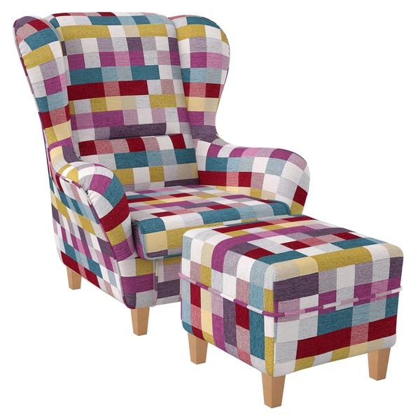 Supellex Sofia Ohrensessel Mit Hocker Design Patchwork Kariert Bunt-image