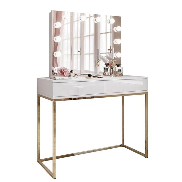 Schminktisch Blanco Elite Mit Spiegel Und Beleuchtung Gold Chrom Weiß Hochglanz Push Open-image