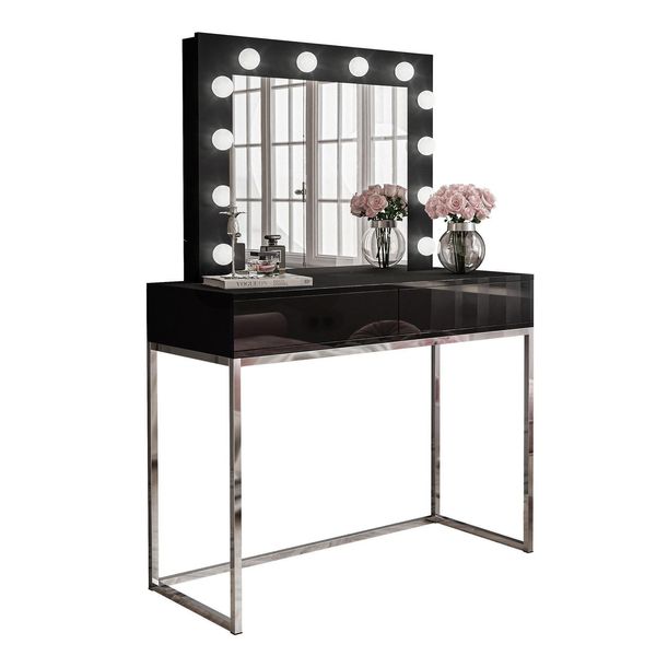 Schminktisch Blanco Glamour Mit Spiegel Und Beleuchtung Schwarz Hochglanz Push Open-image