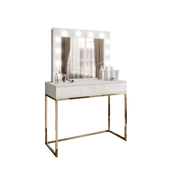 Schminktisch Blanco Mit Spiegel Und Beleuchtung Gold Chrom Weiß Hochglanz Push Open-image