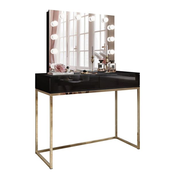 Schminktisch Blanco Elite Mit Spiegel Und Beleuchtung Gold Chrom Schwarz Hochglanz Push Open-image