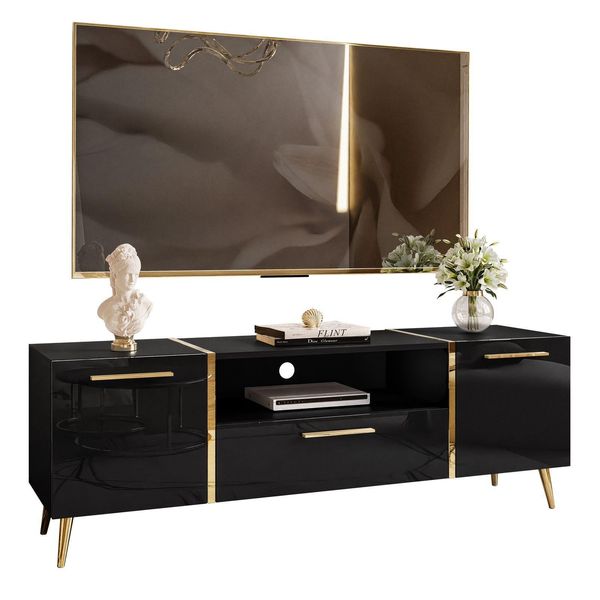 TV-ELEMENT Onyx Auf Goldenen Beinen Hochglanz 158 Cm Push Open-image
