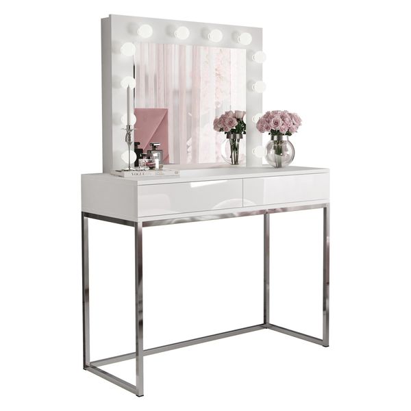 Schminktisch Blanco Glamour Mit Spiegel Und Beleuchtung Weiß Hochglanz Push Open-image