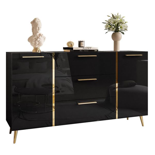 Sideboards Mit Schubladen Onyx Auf Goldenen Beinen Hochglanz 158 Cm-image