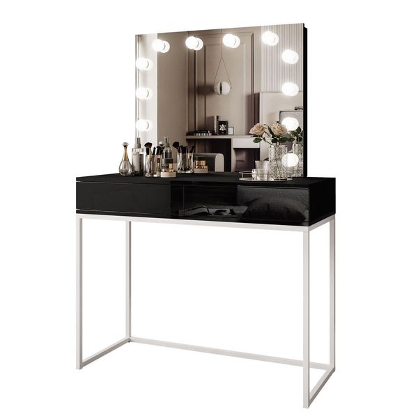 Schminktisch Blanco Loft Elite Mit Spiegel Und Beleuchtung Schwarz Hochglanz Push Open-image