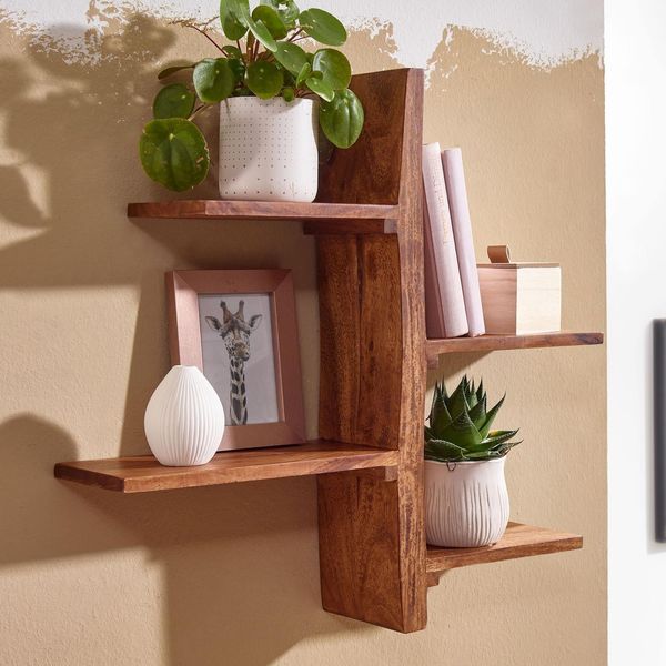 Wandregal Finebuy HäNgeregal Holz Massiv 58X60X15 Cm Regal Groß Schwebend Baum-image