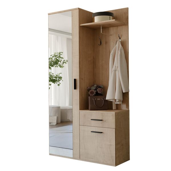 Garderobenschrank Mit Spiegel-Mit Ablagen Und Kleiderstange-image