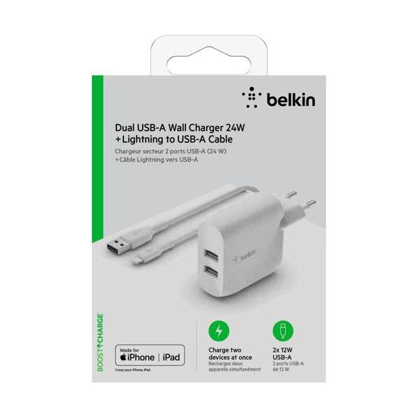 Belkin Dual USB-A LadegeräT, 24W Incl. Lightning Kabel 1M, Weiß-image