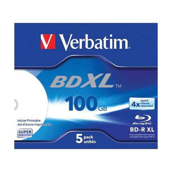 1X5 Verbatim BD-R Blu-Ray 100GB 4X Speed Wide Printable Jc-image