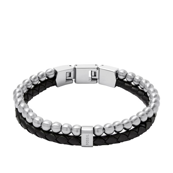 Armband Fossil "Schmuck Geschenk Edelstahl Leder Armschmuck Jewelry", Schwarz (Edelstahlfarben, Schwarz), ArmbäNder, Damen, 21,5Cm, Edelstahl Leder, Edelstahl, Leder, Armband-image