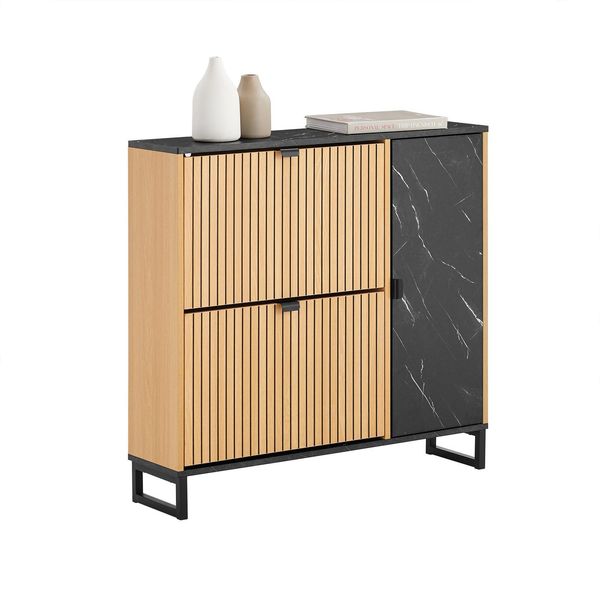 Schuhschrank Schmal, Holzoptik & Schwarz Mit Marmor-image