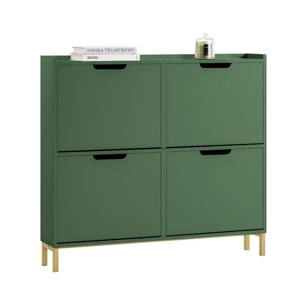 Schuhschrank Mit 4 Klappen, DunkelgrüN 100X91X19Cm-image