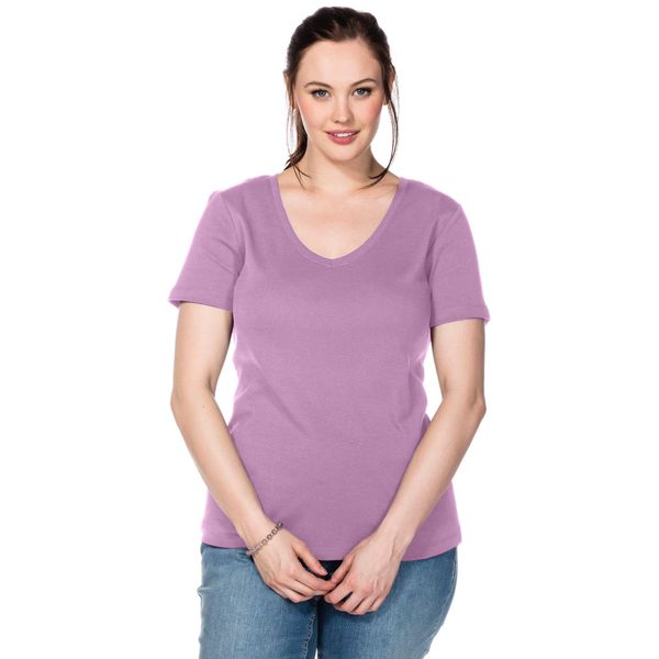 T-Shirt Sheego "T-Shirt", Damen, Gr. 48/50, Orchidee, 100% Baumwolle, Unifarben, V-Ausschnitt, Shirts T-Shirt-image