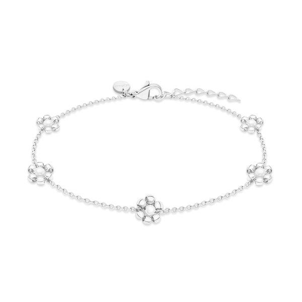 Armband S.Oliver "Flower, BlüTen-Design", Edelstahlfarben, Weiß, ArmbäNder, Damen, 21Cm, Edelstahl Perlen, Edelstahl, Perlen, Armband, Mit Perle (Imitiert)-image