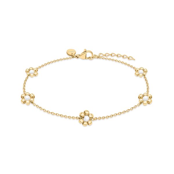 FußKette S.Oliver "Flower, Blumen-Design", Gelbgoldfarben, Weiß, FußKetten, Edelstahl Perlen, Edelstahl, Perlen, Mit Kunststoffperle-image