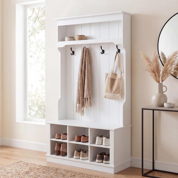 Garderobe MCW-P26, Flurgarderobe Holzgarderobe Sitzbank, 4 Haken Staufach Ablage Melamin 170X100X39Cm ~ Weiß-image