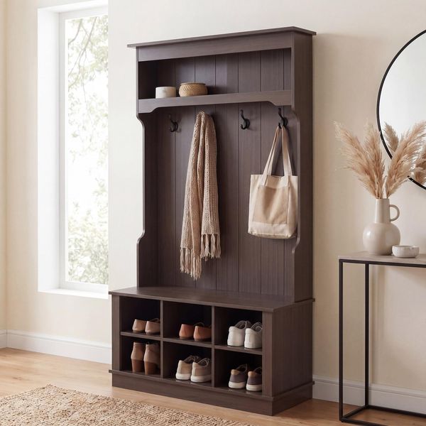 Garderobe MCW-P26, Flurgarderobe Holzgarderobe Sitzbank, 4 Haken Staufach Ablage Melamin 170X100X39Cm ~ Walnuss-Optik-image