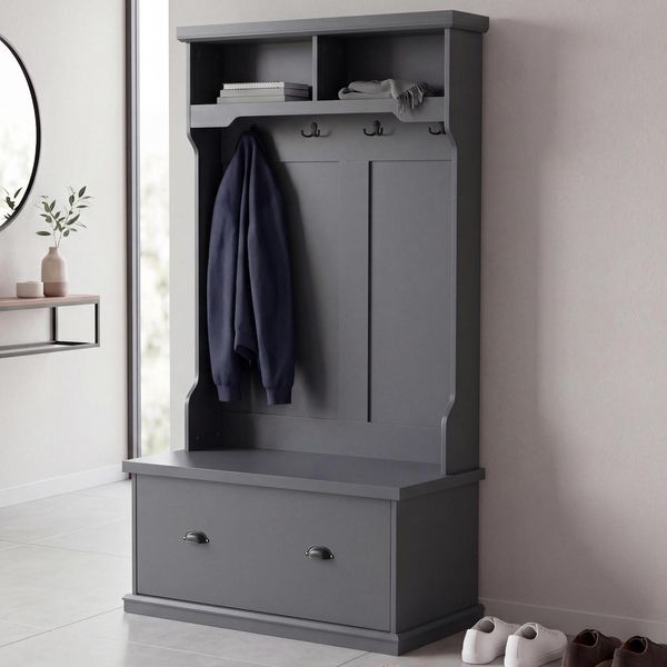 Garderobe MCW-P27, Flurgarderobe Holzgarderobe Sitzbank, 4 Haken Staufach Ablage Melamin 163X100X47Cm ~ Dunkelgrau-image