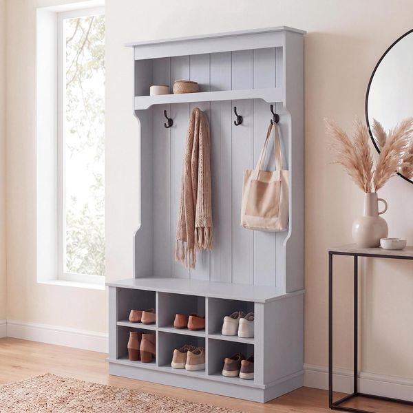 Garderobe MCW-P26, Flurgarderobe Holzgarderobe Sitzbank, 4 Haken Staufach Ablage Melamin 170X100X39Cm ~ Hellgrau-image