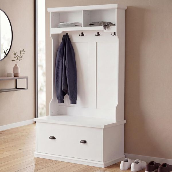 Garderobe MCW-P27, Flurgarderobe Holzgarderobe Sitzbank, 4 Haken Staufach Ablage Melamin 163X100X47Cm ~ Weiß-image