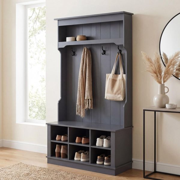 Garderobe MCW-P26, Flurgarderobe Holzgarderobe Sitzbank, 4 Haken Staufach Ablage Melamin 170X100X39Cm ~ Dunkelgrau-image